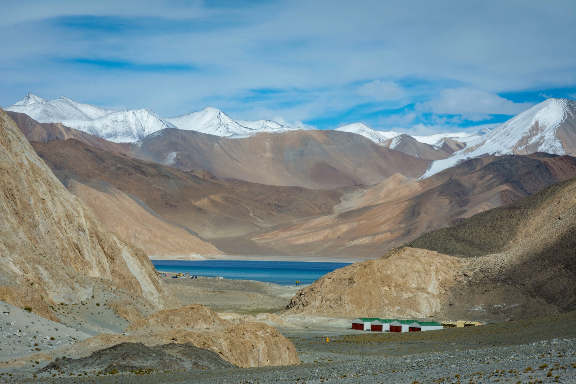 Pangong Lake framed by Ladakh mountains in the changing season