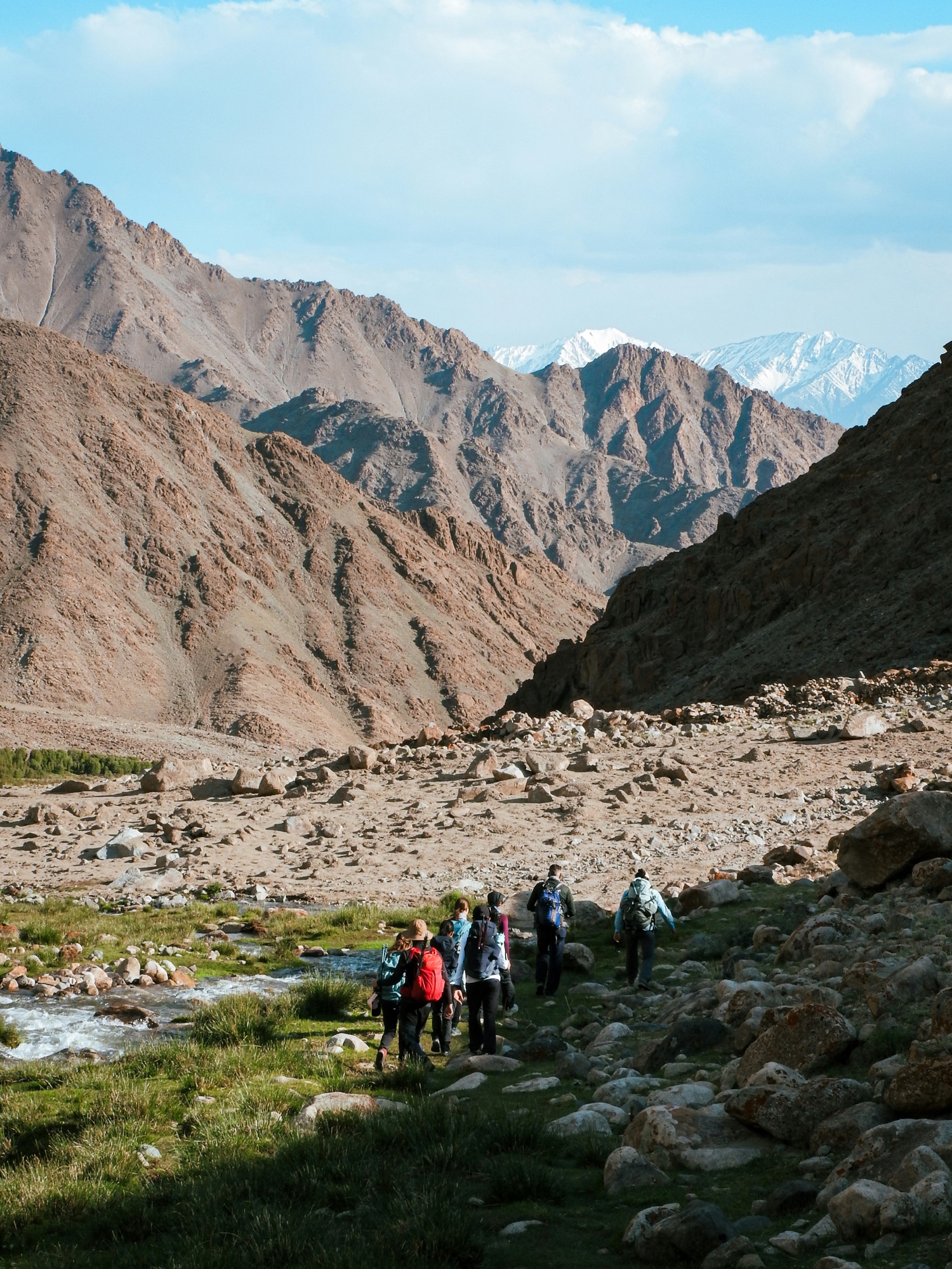 Travellers walking through a remote Ladakh mountain valley